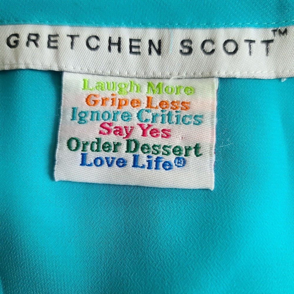 Gretchen Scott V Neck Embroidered Chiffon Tunic Top Sz S Blue Green 3/4 Slv FLAW - Picture 7 of 10